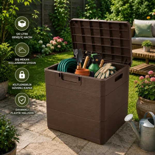 Rika Garden Kahverengi Ahşap Desenli Plastik Bahçe Depolama Sandığı