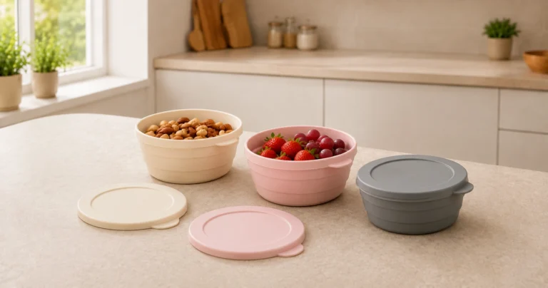 Krem, pembe ve gri renkli kapaklı plastik saklama kabı seti